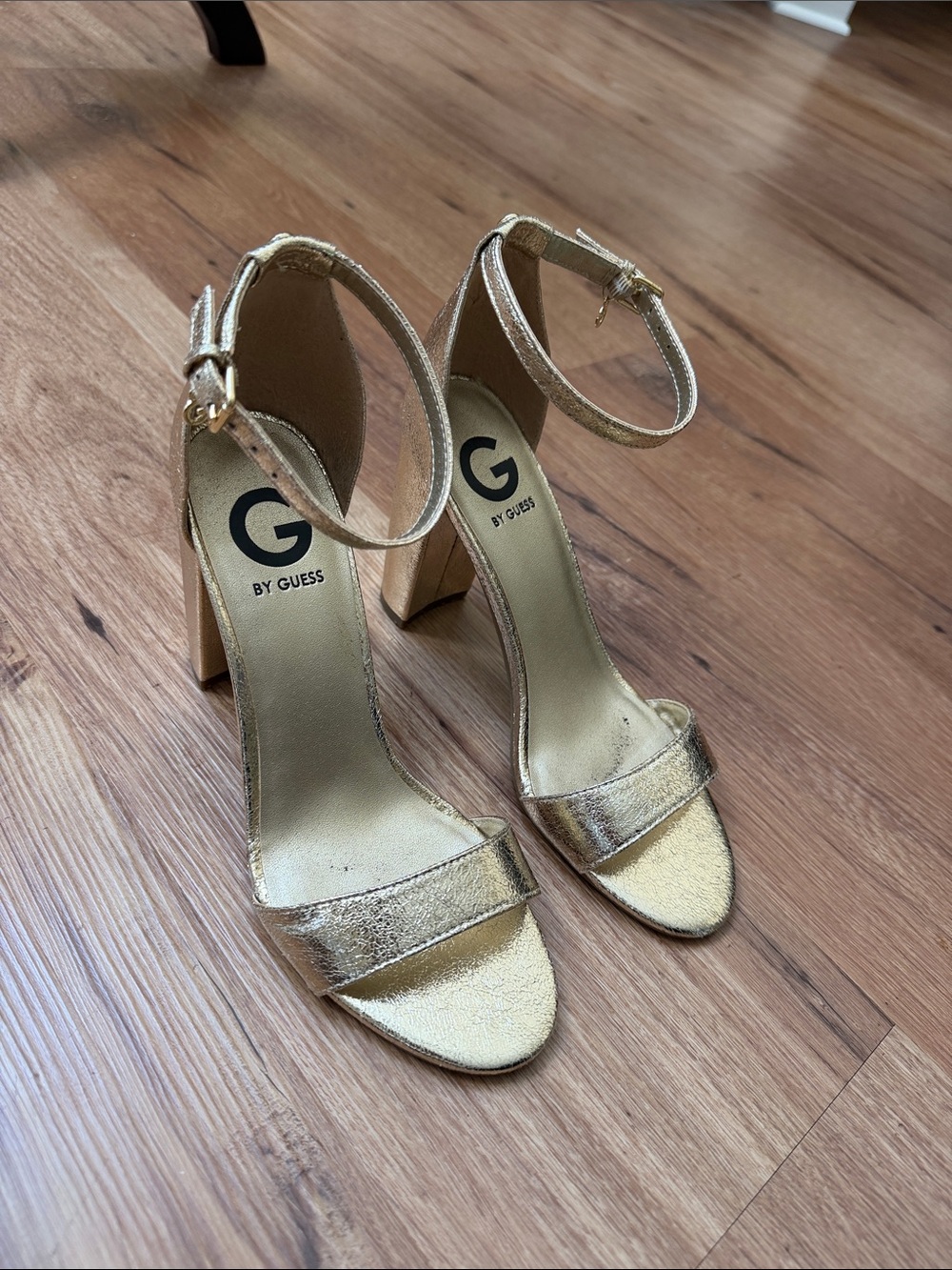 G by Guess Metallic Gold Ankle-Strap Block Heel Sandals, size 7
